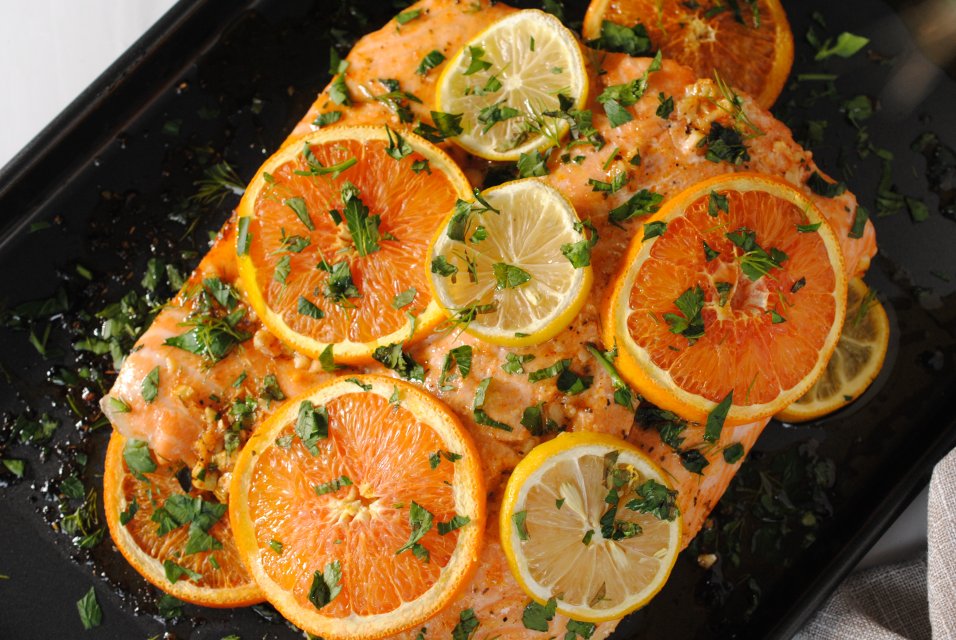 Citrus Garlic & Herb Salmon with Cara Cara Oranges and Lemon 