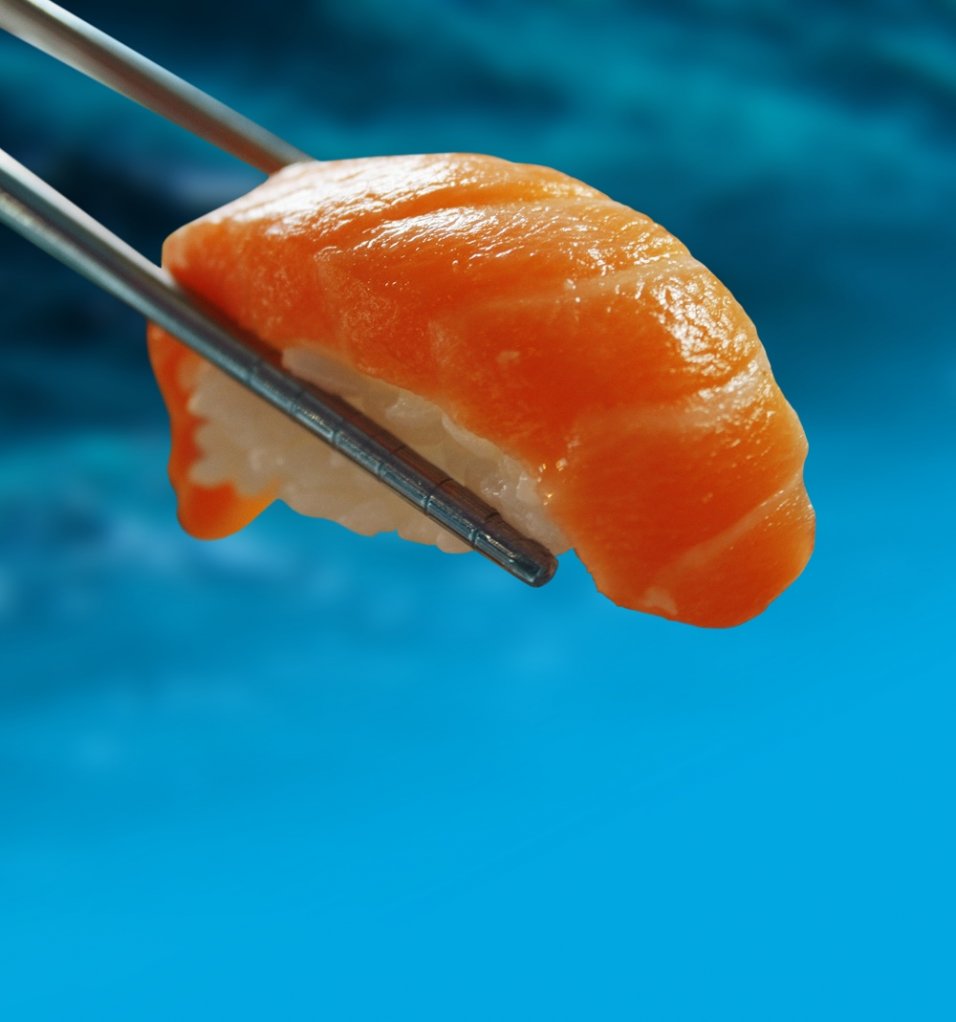 Salmon sushi being held by chopsticks