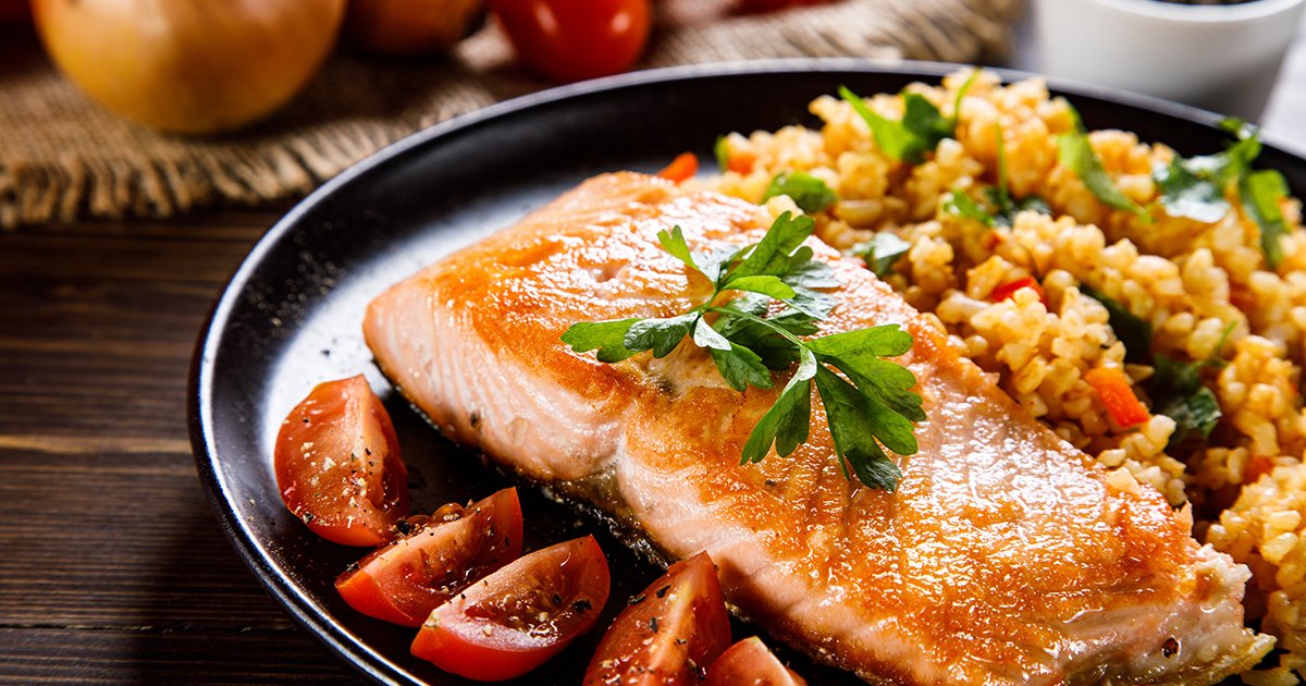 Crispy Honey Orange Glazed Salmon with Scallion Rice | AquaBounty