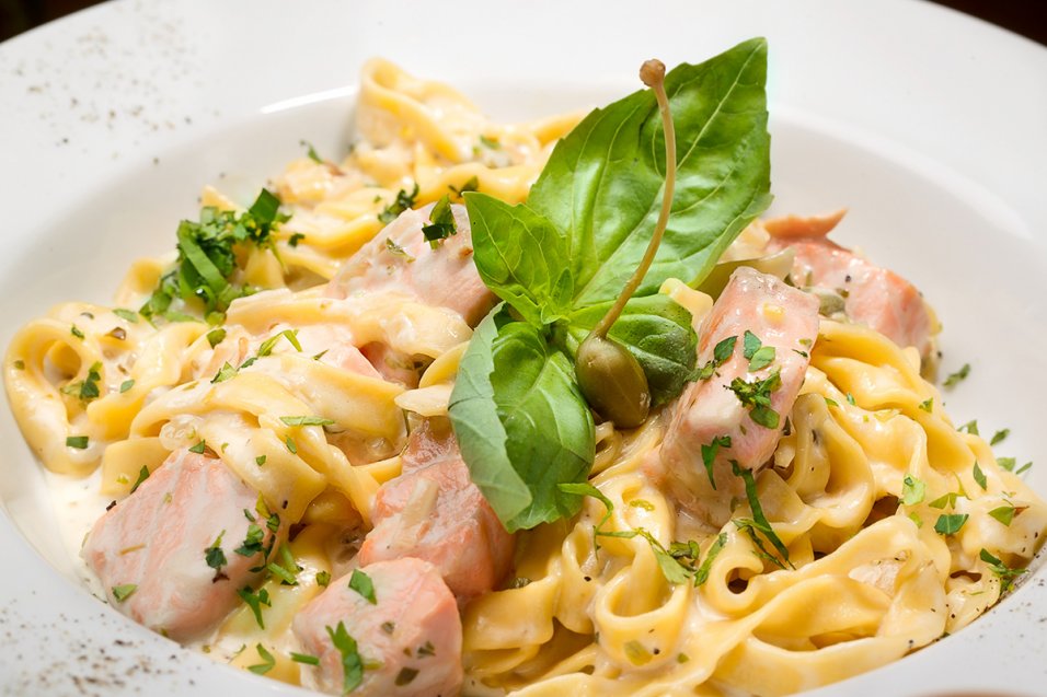 Fettuccine with Salmon in a Basil-Dill Cream Sauce | AquaBounty