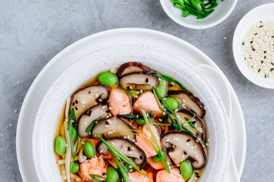 Salmon Soba Noodle Soup with Shitake Mushrooms