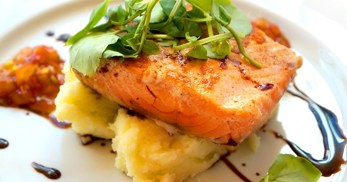Salmon with Balsamic Honey Glaze and Cheesy Mashed Potatoes AquaBounty