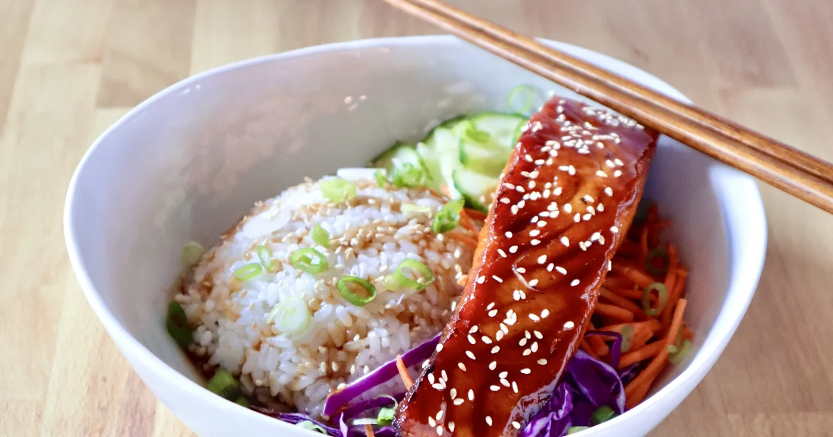 Donburi Rice Bowl with Toasted Sesame Teriyaki Salmon AquaBounty