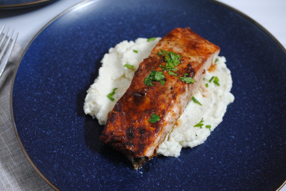 Chili Maple Salmon with Goat Cheese Cauliflower Mash