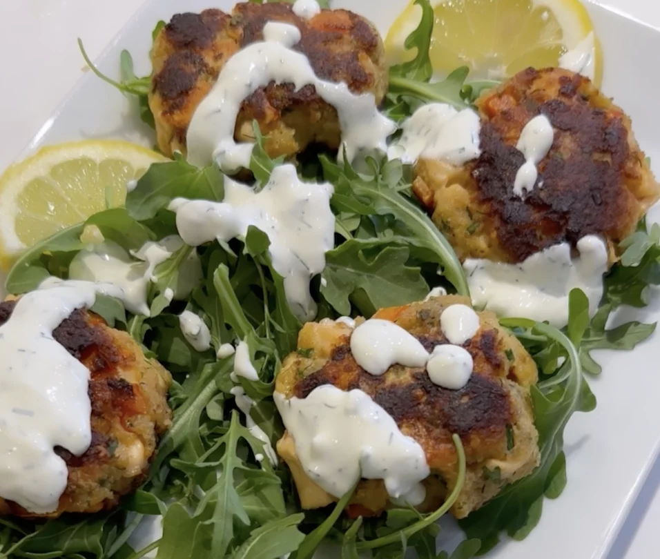 Crispy Herbed Salmon Patties with Yogurt Dill Sauce AquaBounty
